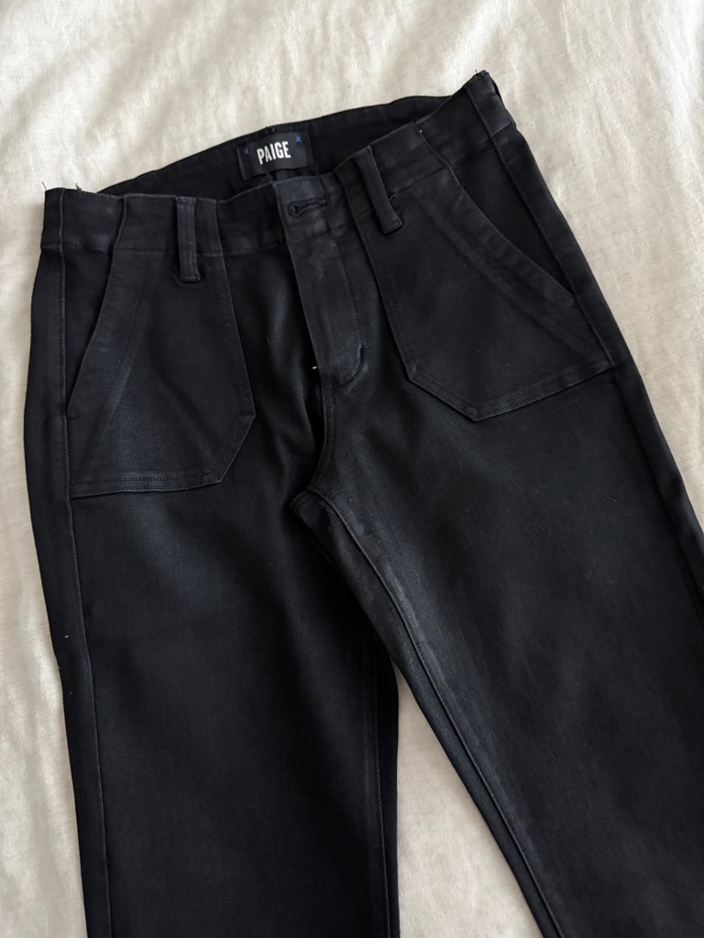 PAIGE women’s coated Black Slim Straight Jeans with Front Patch Pockets